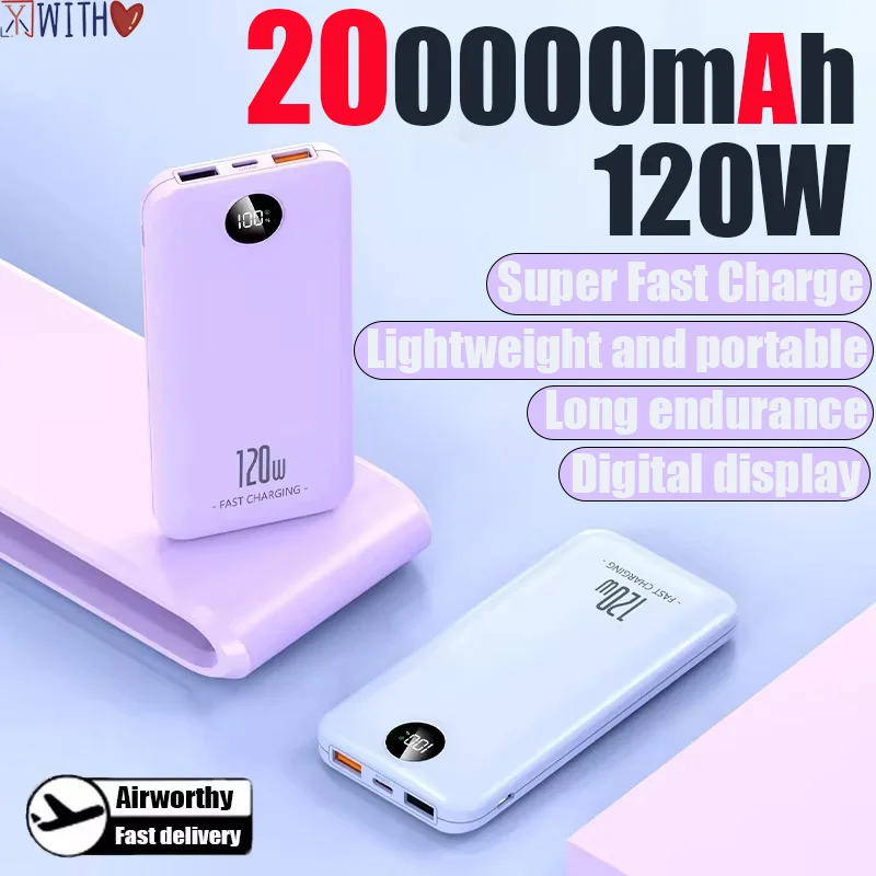 200000mAh 120W Power Bank Large-capacity Super Fast Charging Portable Long Endurance Digital Display For iPhone Samsung Xiaomi