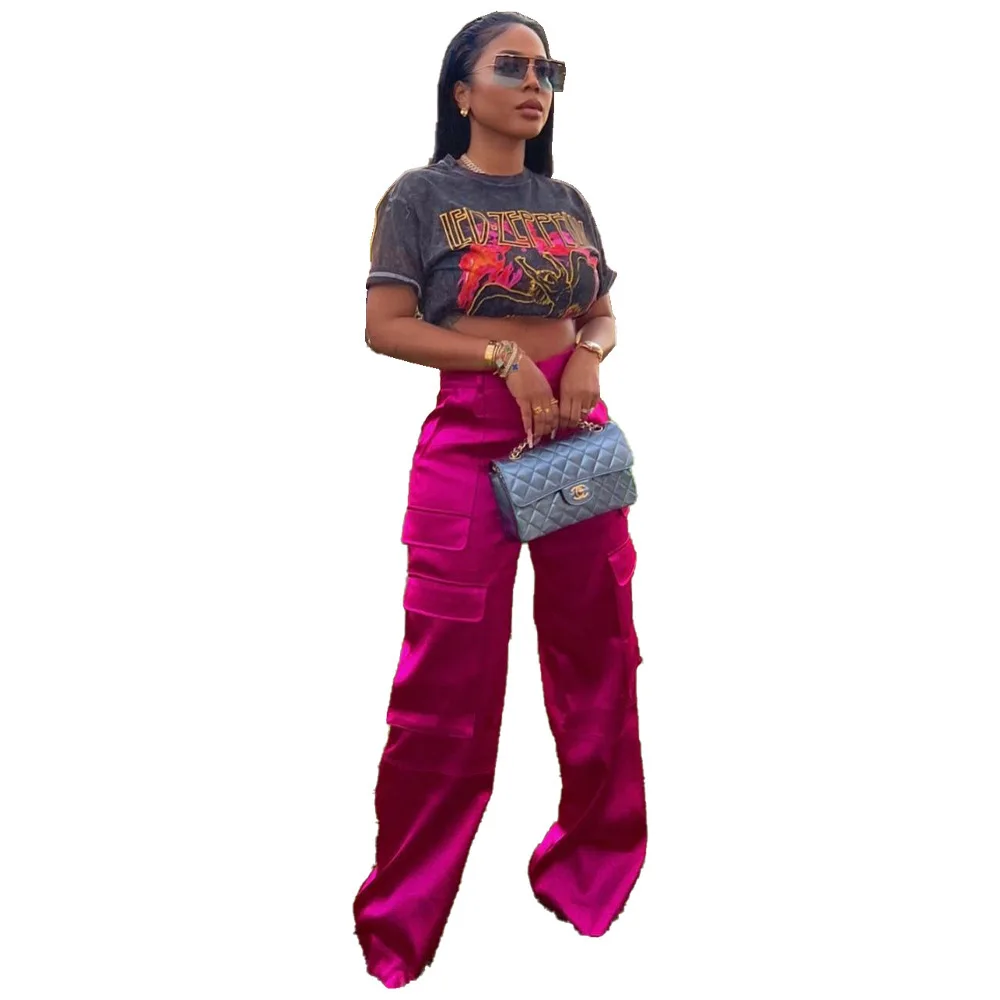 

Women Trousers Spring Summer Casual Satin Stretch High Waist Cargo Pants With Pocket Streetwear Solid Wide Leg Pants Flare Pants