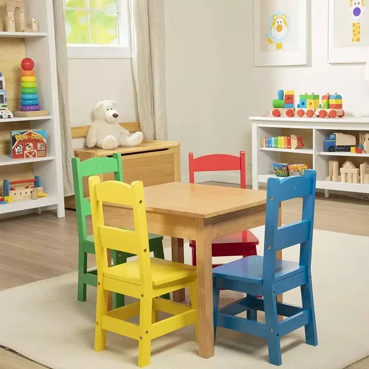 DU'S furnitur anak-anak prasekolah, set meja dan kursi kayu warna-warni