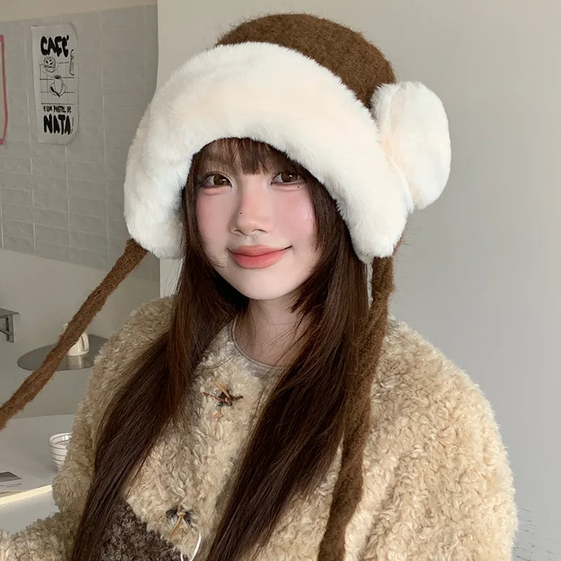 Faux Plush Thickened Trapper Hat For Women Tie String Earflap Winter Windproof Warm Large Head Circumference Knit Head Wrap