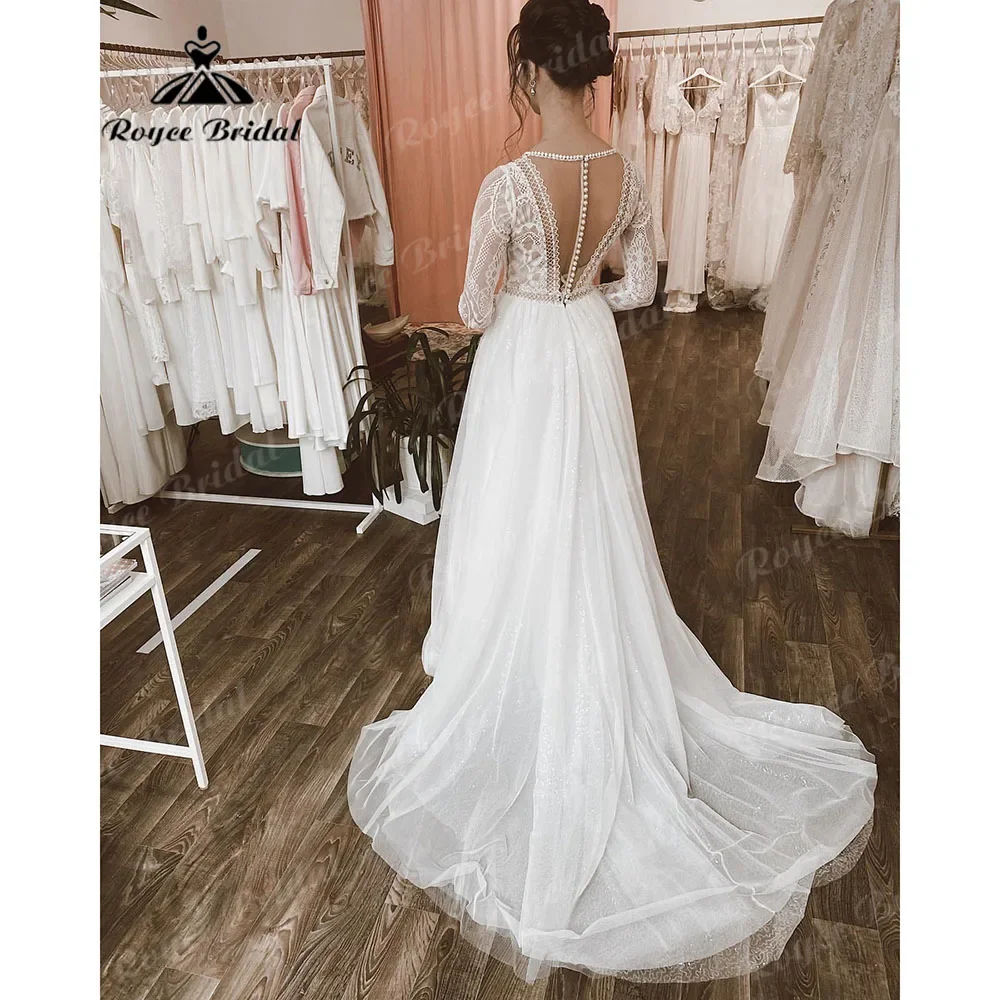 Roycebridal encaje suave tul manga larga una línea vestidos de novia bohemios sin espalda 2025 vestido de novia hecho a medida vestido de novia simple