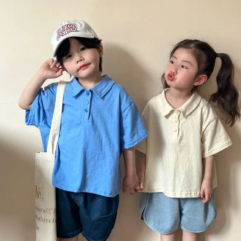 

2024 Summer Loose Boy Children Solid Short Sleeve Tshirt Girl Baby Cotton Sports Polo Shirt Kid Casual Tees Fashion Toddler Tops