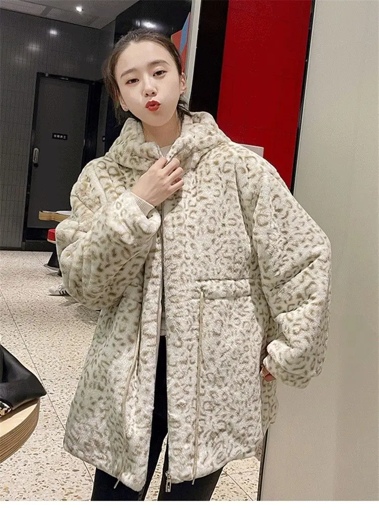 Faux Fur Woolen Warm Winter Women Jacket Plus Size Fuzzy Cute Jackets Leopard Print Hood Collar Coat Overcoat Oversized Girls