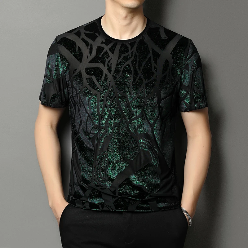 Bronzing Flocking Hollow T Shirt For Men Short Sleeve Silky Icy Summer Velvet Quality Soft Comfortable Stretchy Camisetas Hombre
