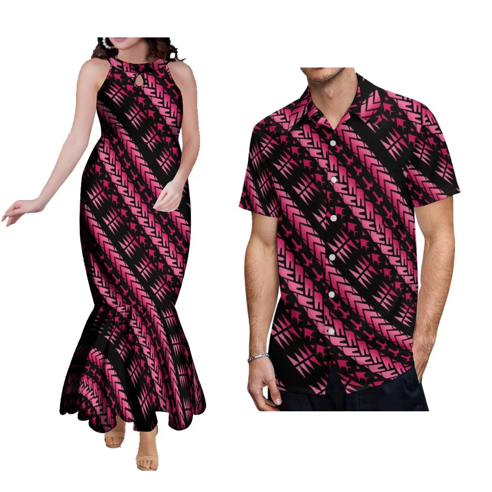 Tax Free Floral Print Couple Set Luxury Design Women'S Evening Dress Neckline Sexy Long Skirt Polynesian Formal n Clothing