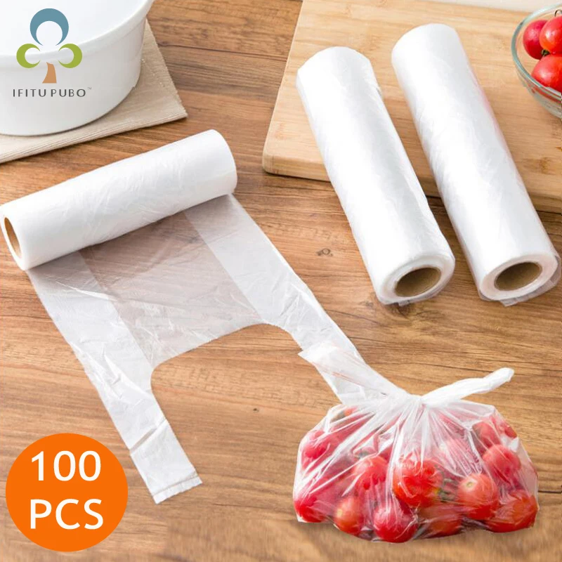 100 Uds. Rollo transparente bolsas de plástico para mantenimiento fresco de bolsa de ahorro de alimentos al vacío 3 tamaños bolsas de almacenamiento de alimentos con asa mantener fresco ZXH
