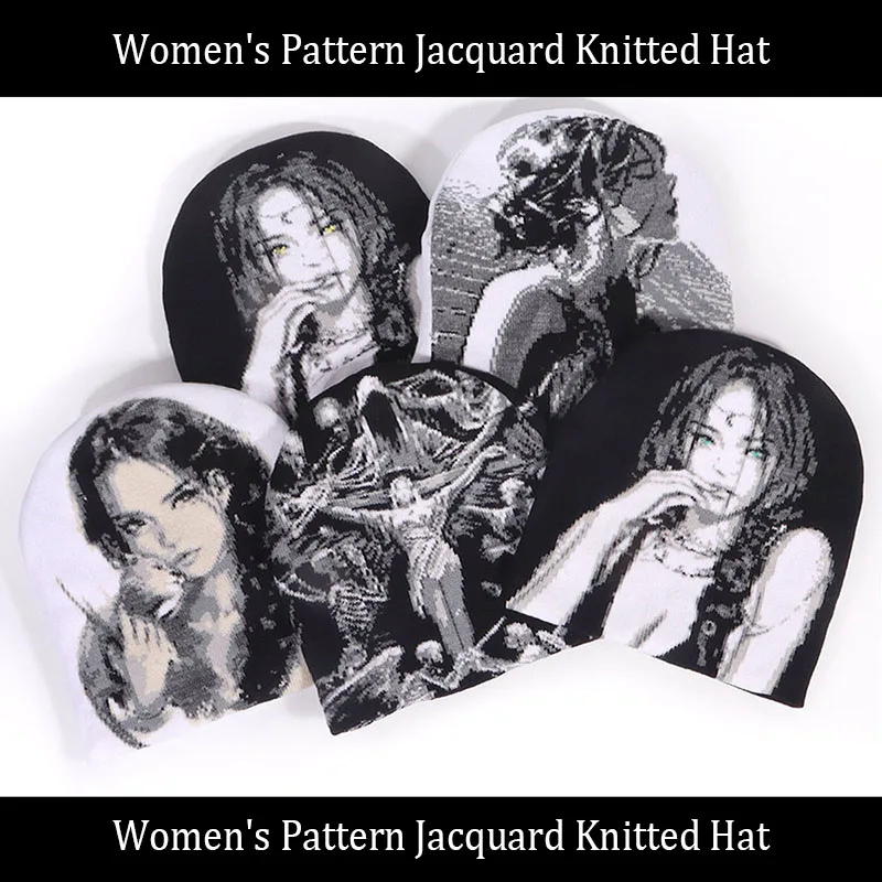 

European And American Popularity Hip Hop Girls' Sketch Jacquard Wool Beanie Women Autumn Outdoor Warm Beanies Man Streetwear