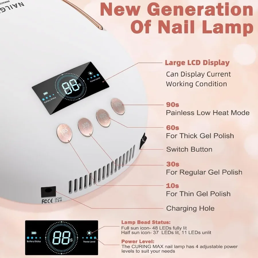 Lampada per unghie UV Lampada per unghie senza fili 80W Ricaricabile Essiccatore per unghie Gel Polish Luce Sensore automatico intelligente Display LCD UV L