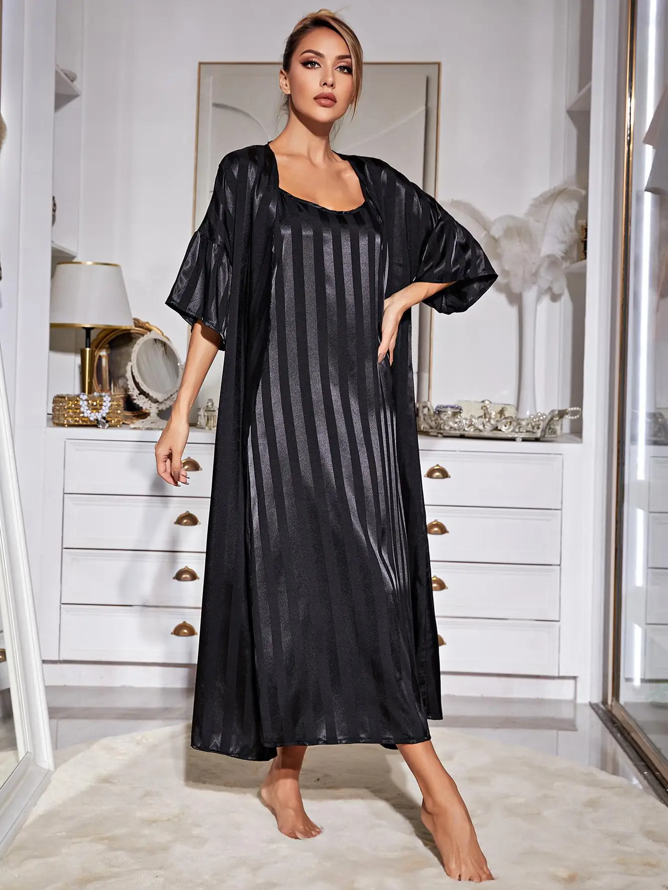 Women\'s Pajamas Robe Set Sexy Sling Sleepwear Dress Silk Like Homewear Luxury Strip Print Bathrobe 2pcs Suit Home Clothes Femme