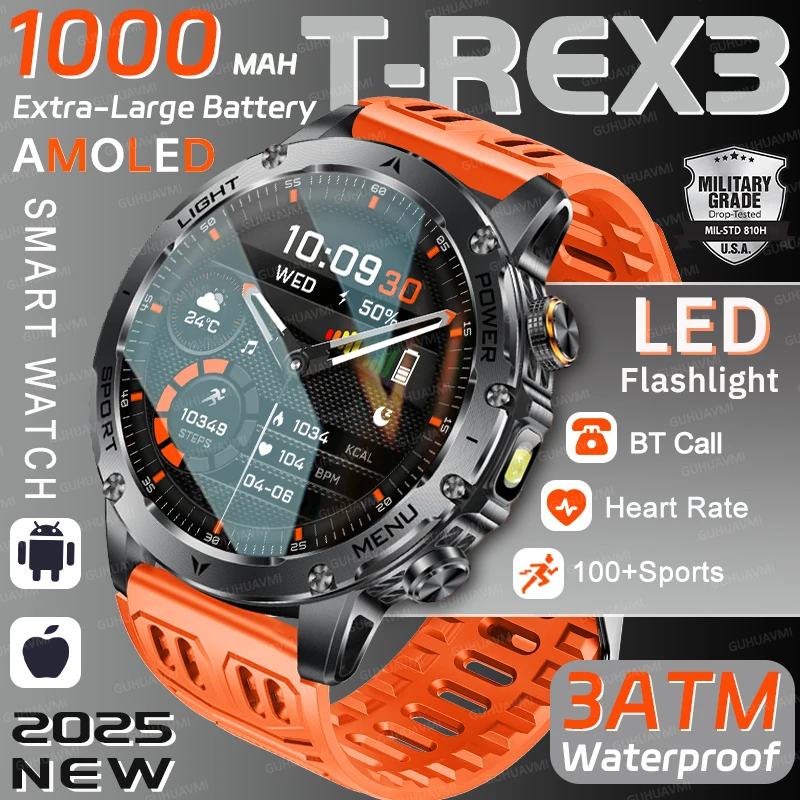 

2025 На открытом воздухе Новые T-Rex 3 Военный класс 1000 мАч Смарт-часы с аккумулятором Мужские 3ATM Водонепроницаемые GPS Bluetooth Вызов Спортивные фитнес-часы