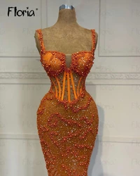 Charming Beading Spaghetti Straps Orange Party Dress Aso Ebi African Cocktail Night Gowns Graduation Party Dresses Customized