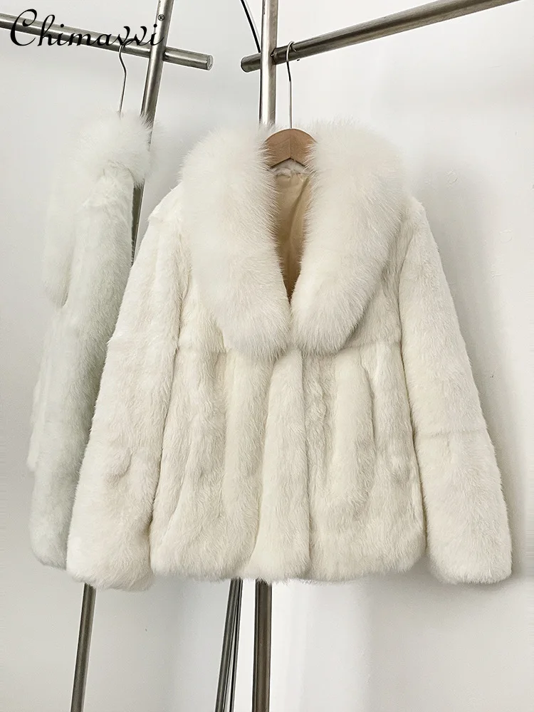 

French Style Elegant Fashion Socialite Fox Fur Collar Short Jackets Versatile Thickened Warm Casual Real Fur Coats Women Winter