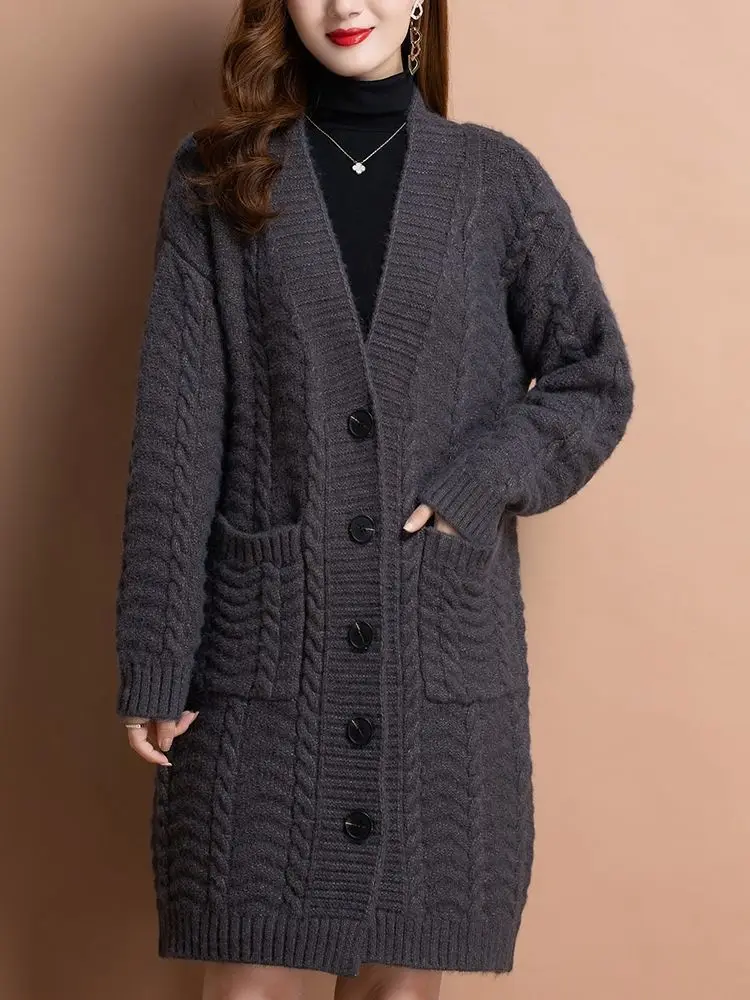 Women Clothing Autumn and Winter Knitting Cardigan Women\'s Medium Long Lazy Literary Loose Sweater Coat