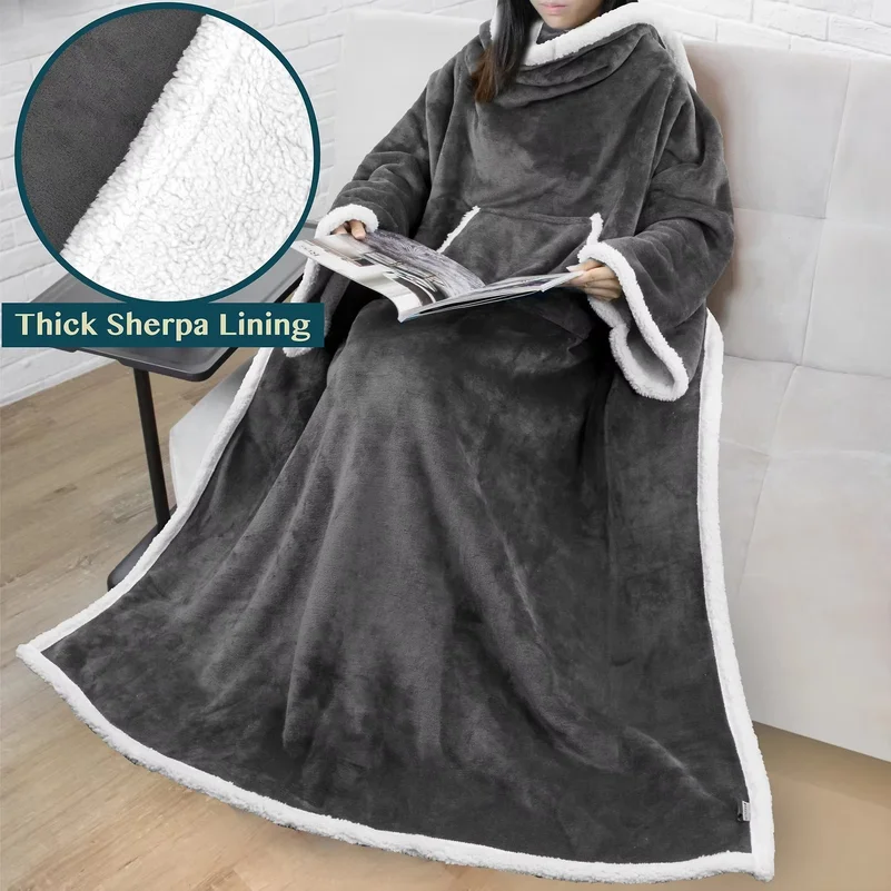 1Pc Wearable Sleeved Blanket with Pockets, Thick Warm Large Wrap Blanket, Cozy Home Lounge Wear Blanket for Sofa Reading Watchin