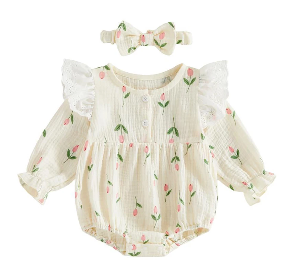 0-18M Baby Bodysuits and One-pieces Autumn Cute Strawberry Infant Bodysuit with Hairband Tulip Baby Clothing