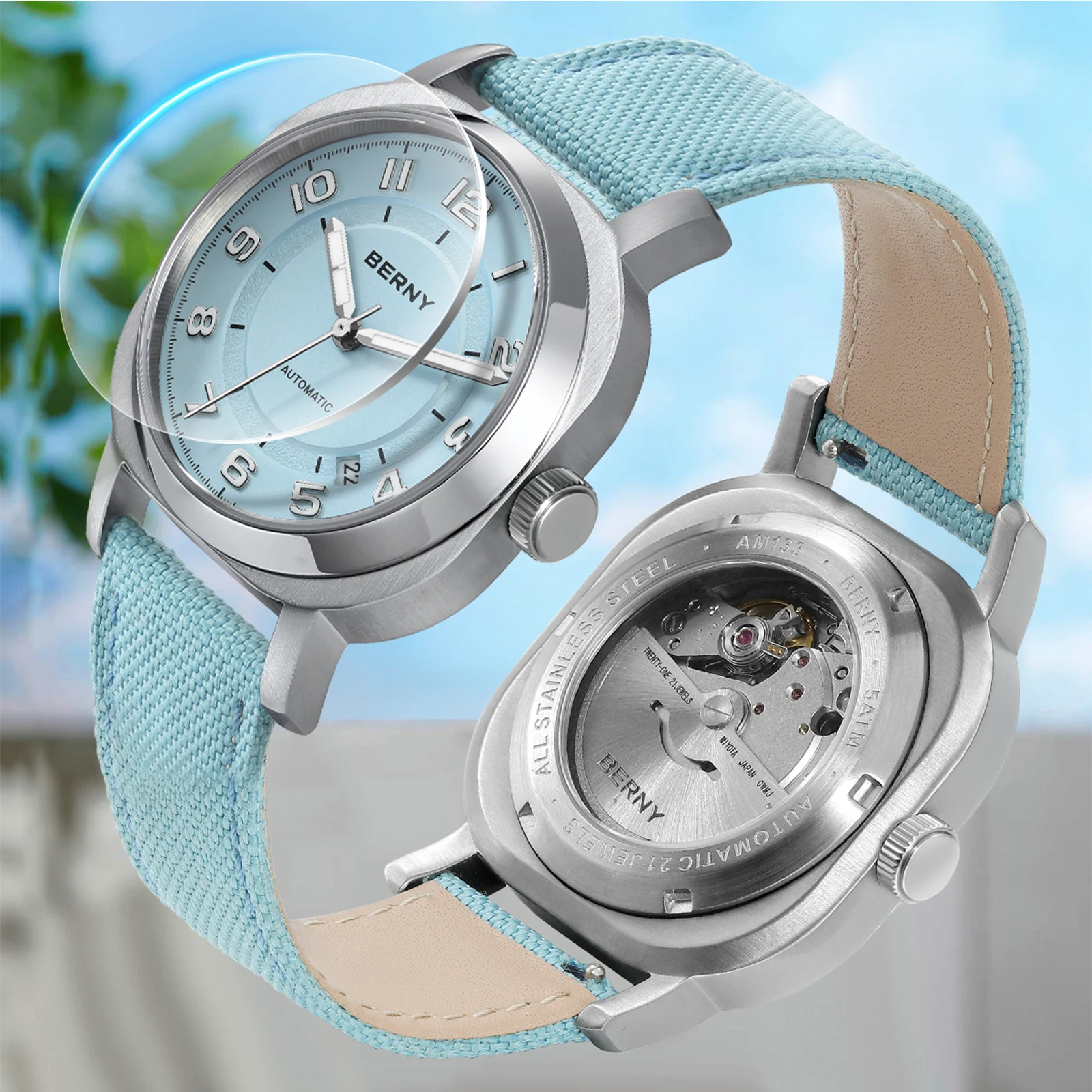 Reloj mecánico BERNY para mujer, almohada de viento automático, cojín de zafiro, reloj de pulsera superluminoso, reloj con calendario de lona para