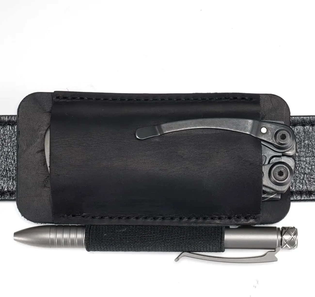 VIPERADE PJ33 Leather Knife Sheath for Belt, Horizontal Carry Pocket Knife Holster with Elastic Pen Holder
