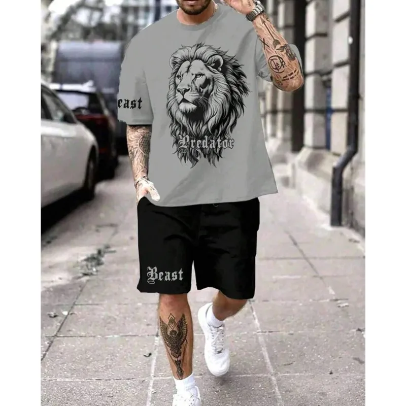 

2025 New Lion King 3D Printed Men's T-shirt Set Summer Animal Print Relaxed Fit Short Sleeve Shorts 2-Piece Casual Sport Outfit