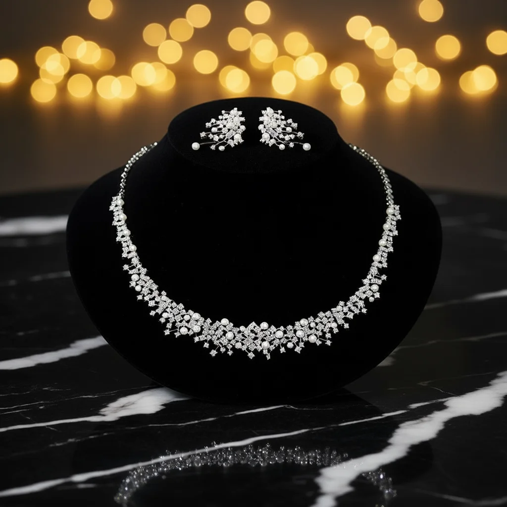 ASNORA Gorgeous Cubic Zirconia Stone Choker Fashion Pearl Necklace for Women Wedding Bridal Costume Jewelry Set X0620