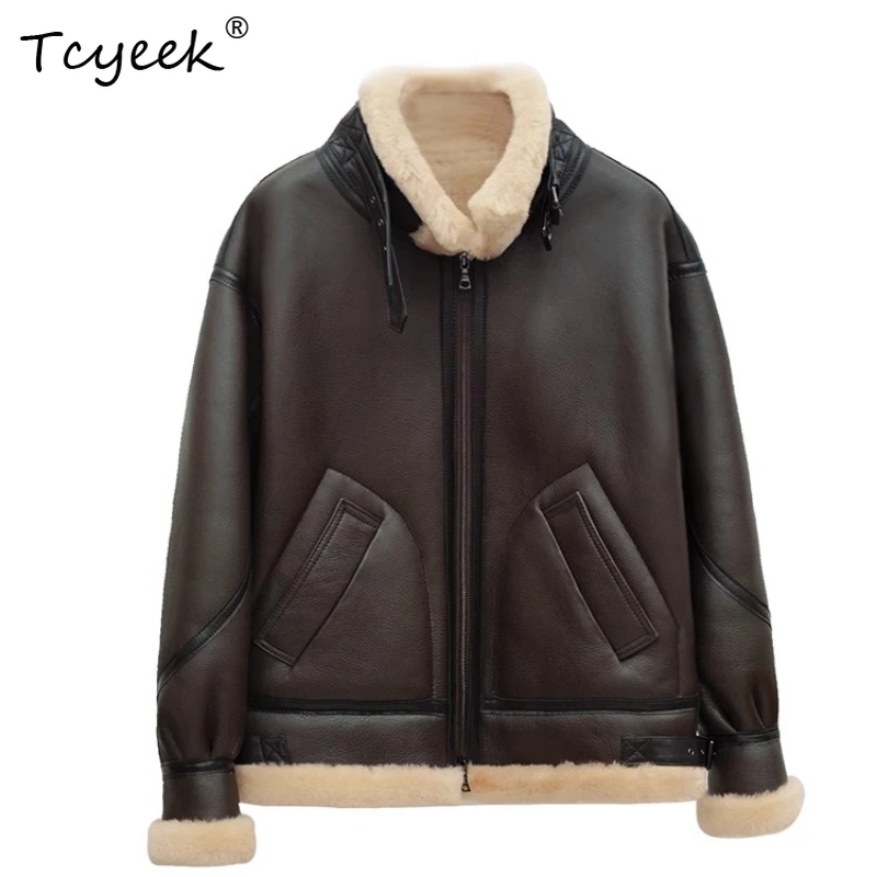 

Tcyeek Genuine Wool Autumn Winter High End Trendy Loose Fit Casual Dark Brown Women's Wool Shearling Fur Coat Fourrures Femme
