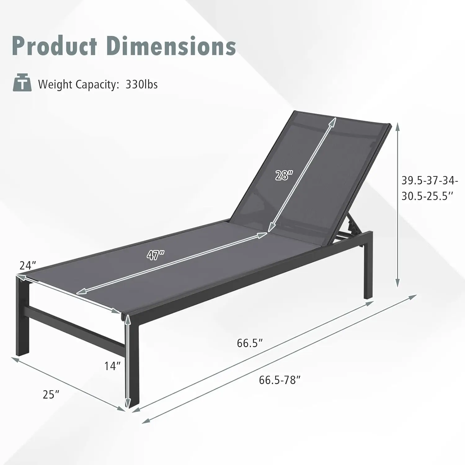 Outdoor Chaise Lounge with 6 Adjustable Positions, Aluminium Frame, Sunbathing Recliner for Deck Yard Pool, Gray, Customized