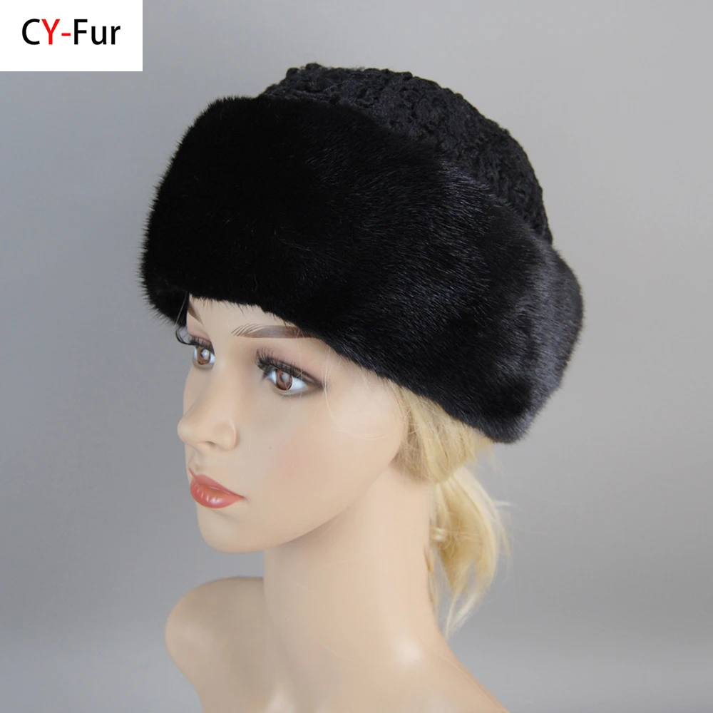 Real Genuine Mink With Wool Hat Winter Russian Women's Warm Caps Whole Piece Mink Sheep Fur Hats Women Casual Outdoor Mink Hat