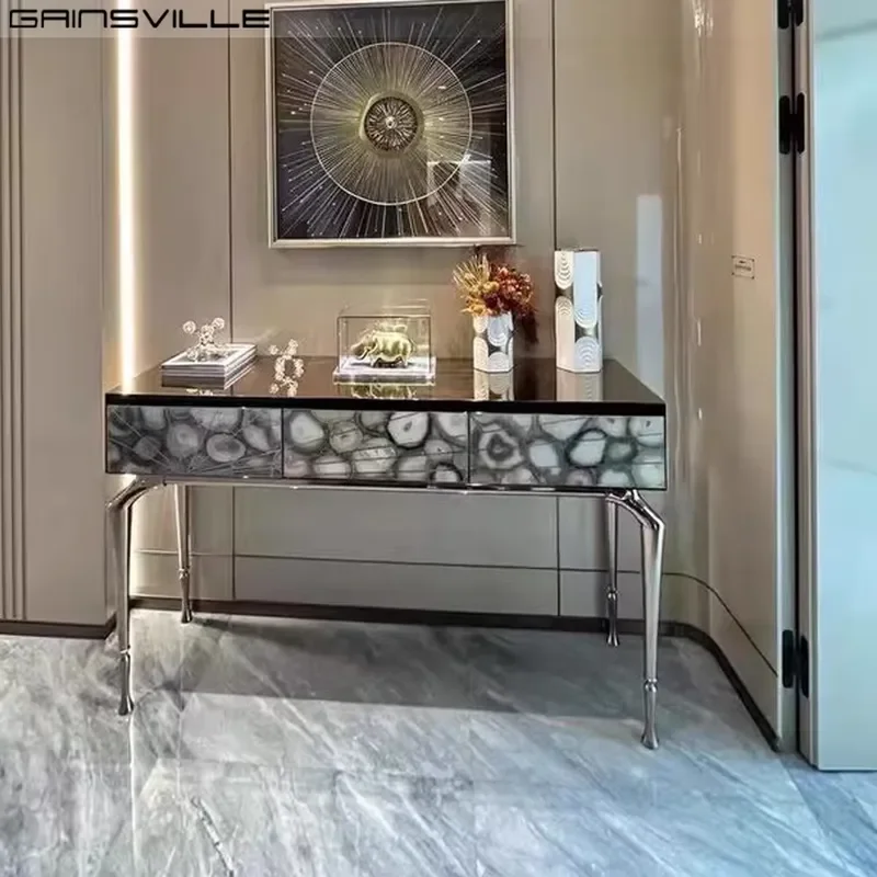 High End Copper Modern Entrance Table Hallway Console Natural Agate Entrance Table