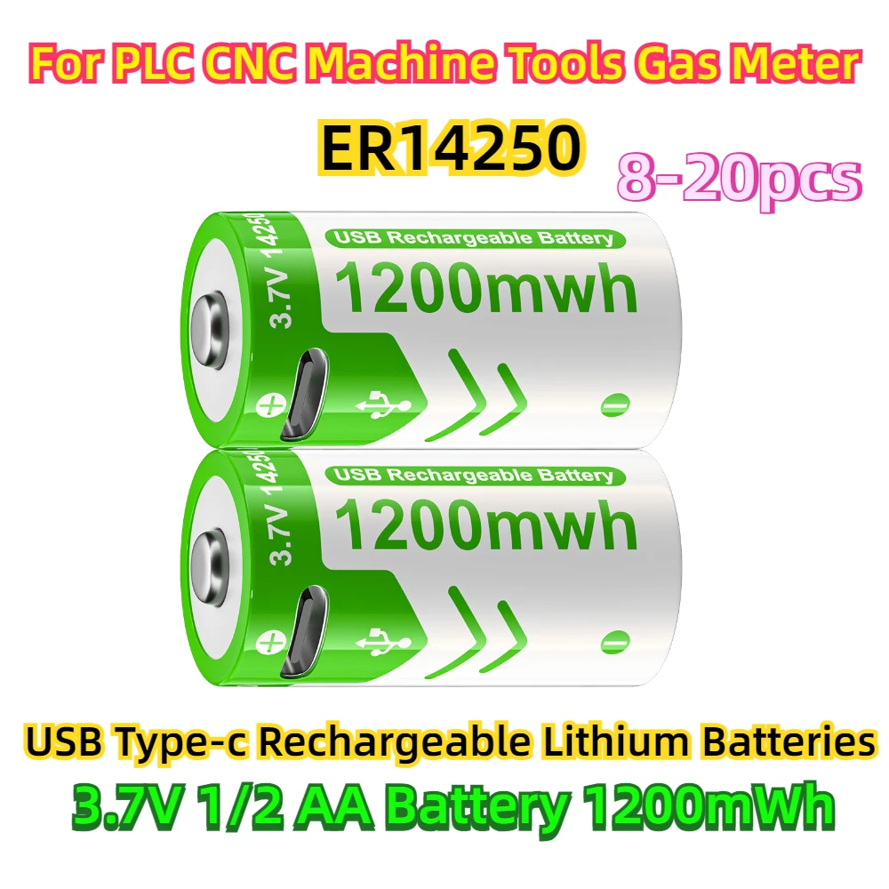 

For PLC CNC Machine Tools Gas Meter 3.7V 1/2 AA Battery 1200mWh 14250 ER14250 Rechargeable Lithium Batteries USB Type-c Charging