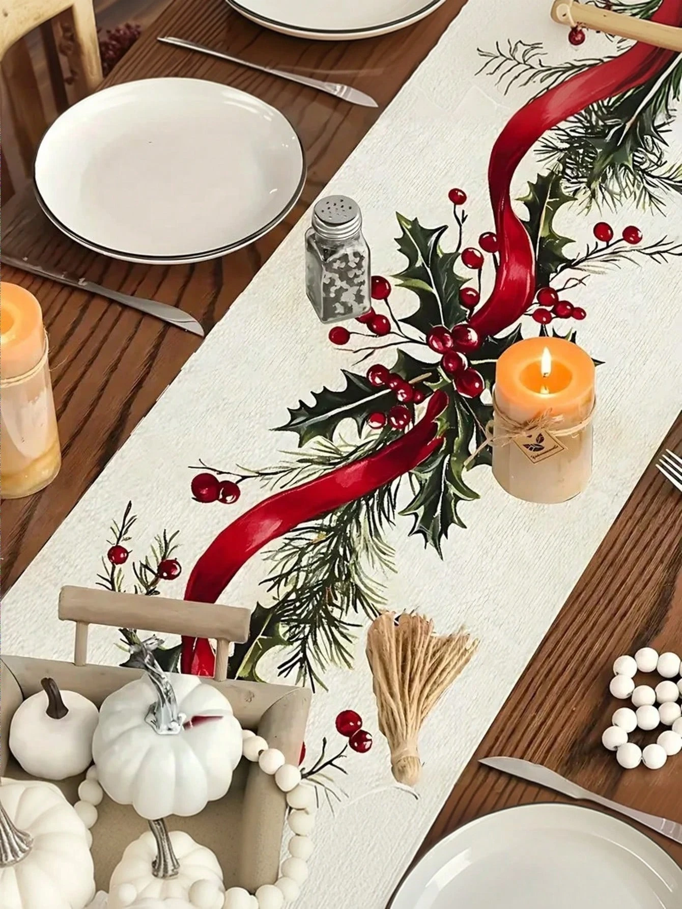 Weihnachts-Tischläufer mit Stechpalmen-Band, bedruckt, Vintage-Blumenmuster, Weihnachten, Heimdekoration, Esstisch-Dekoration, elegant, langlebig, Urlaub