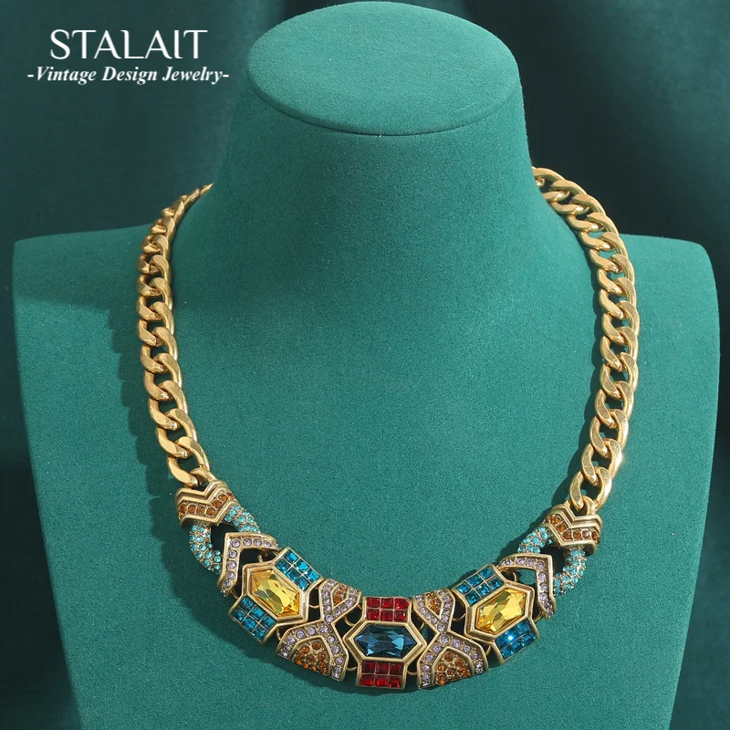 

Vintage Jewelry Gold Color Elegant Rhinestone Necklace Choker For Woman Colorful Crystal Moon Gothic Collar Luxury Antique 2025