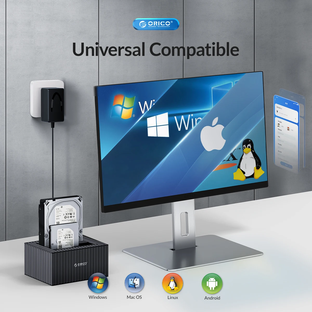 Orico 3,5 Zoll Dual-Bay Typ C 5 Gbit/s Festplatte Docking station für 2.5/3.5 "HDD/SSD mit 12 v3a Power Uasp Container Design – Detail 10