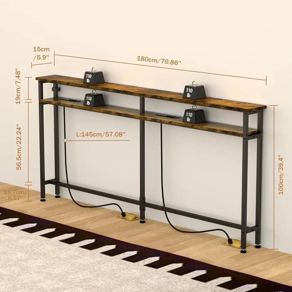 طاولة كونسول للأريكة ثنائية المستوى مقاس 70 بوصة مع طاقة مدمجة وشحن USB، وسلك تمديد متضمن