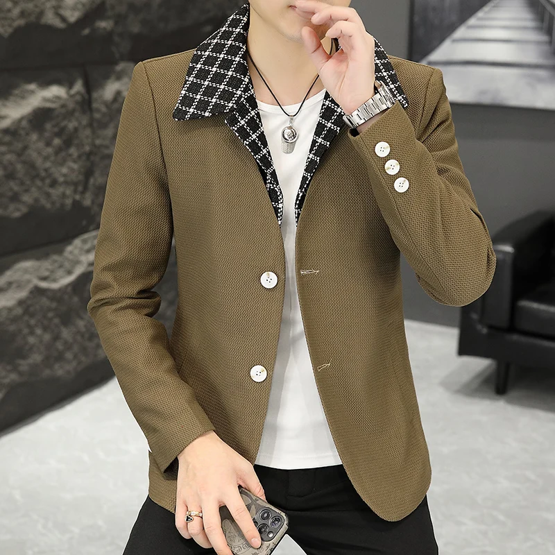 高品質の秋の新作メンズスーツ、韓国風スリムでトレンディなヘアスタイリスト、社交界の若者向けの小さなコート