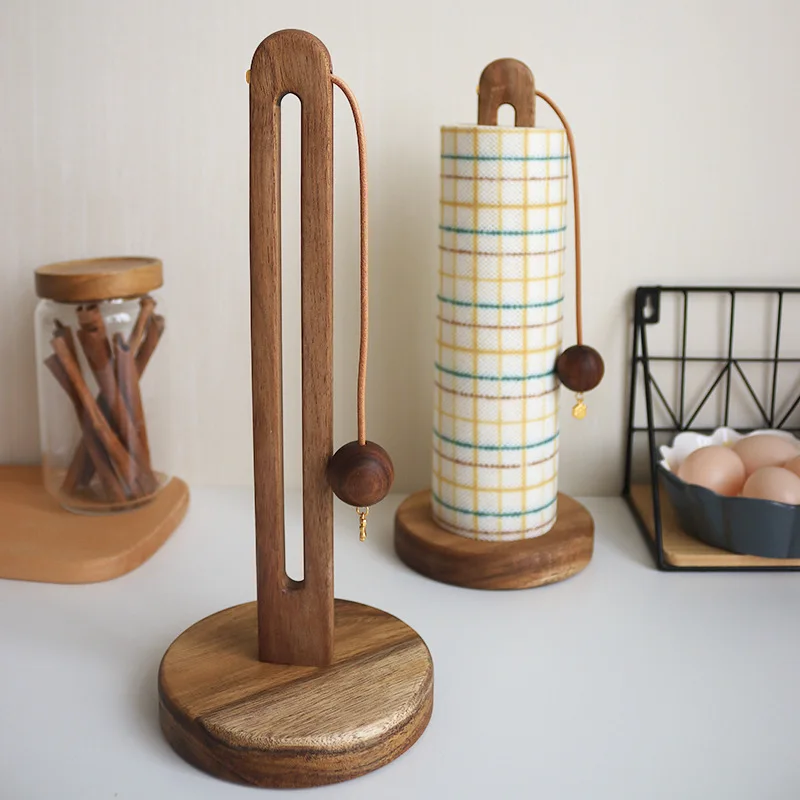 Solid Wood Paper Towel Holder Kitchen Punch-free Roll Paper Storage Rack Rag Plastic Wrap Bag Vertical Storage Rack