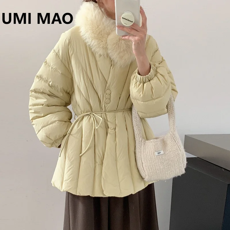 UMI MAO Fox Fur Collar Korean Style Mid-Length Down Jacket Women Winter Fashion Sweet Thickened Waist-Cinching Slimming Coat