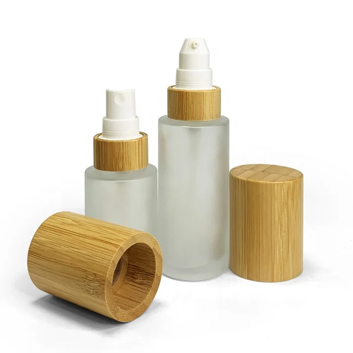 

Cosmetic packaging 30ml 50ml 60ml 100ml 120ml 1oz 2oz 4oz flat shoulder clear frosted glass lotion bottle with bamboo pump cap