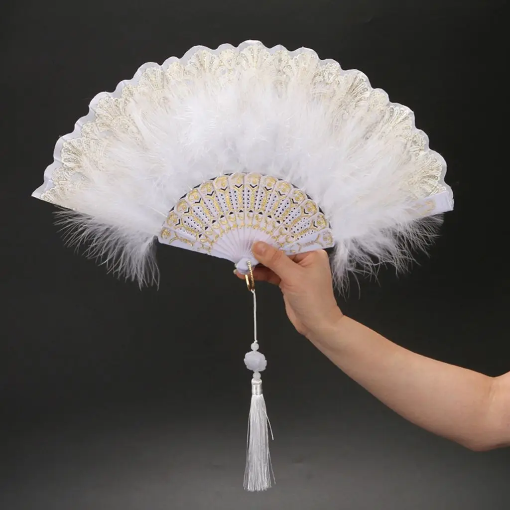 Lolita Feather Folding Fan Japanese Girl Gothic Court Dance Hand Fan with Pendant Gift Wedding Party Decoration