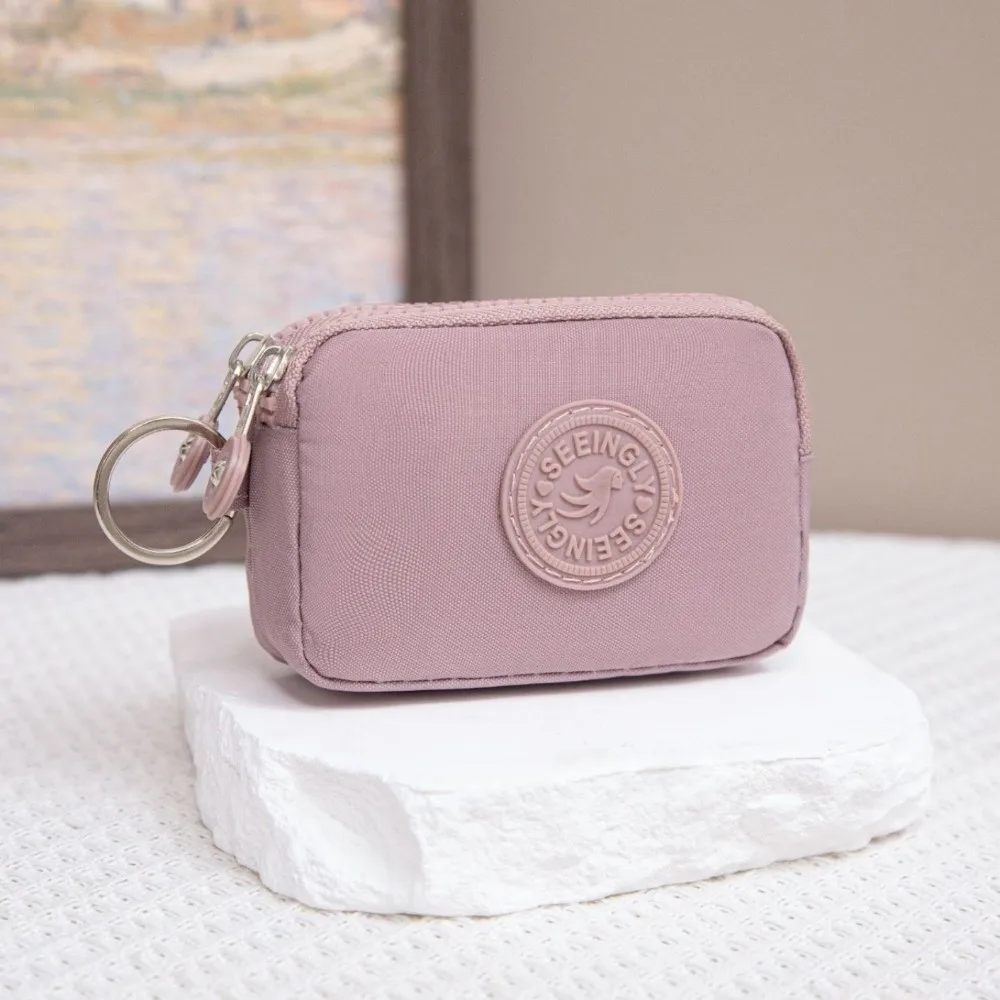 New Double Layer Women Wallet with Keychain Solid Color Credit Card Holder Nylon Waterproof Zipper Clutch Bag Outdoor