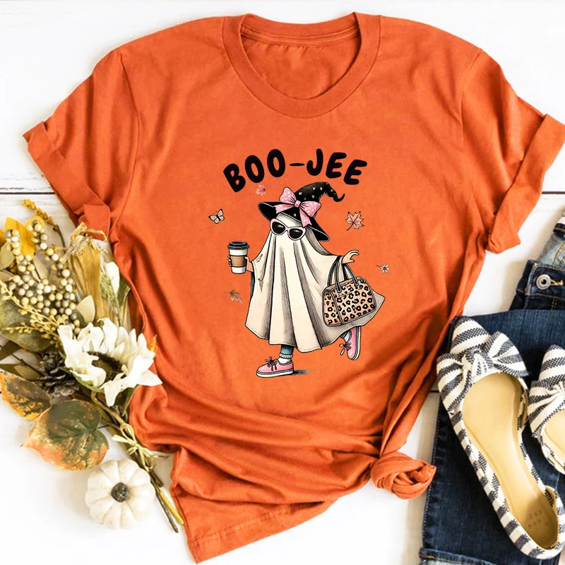 

Boo Women Tshirts Ghost Halloween 2024 T-Shirt BooTee Coffee Lover Shirt Halloween Party Gift Vintage Top