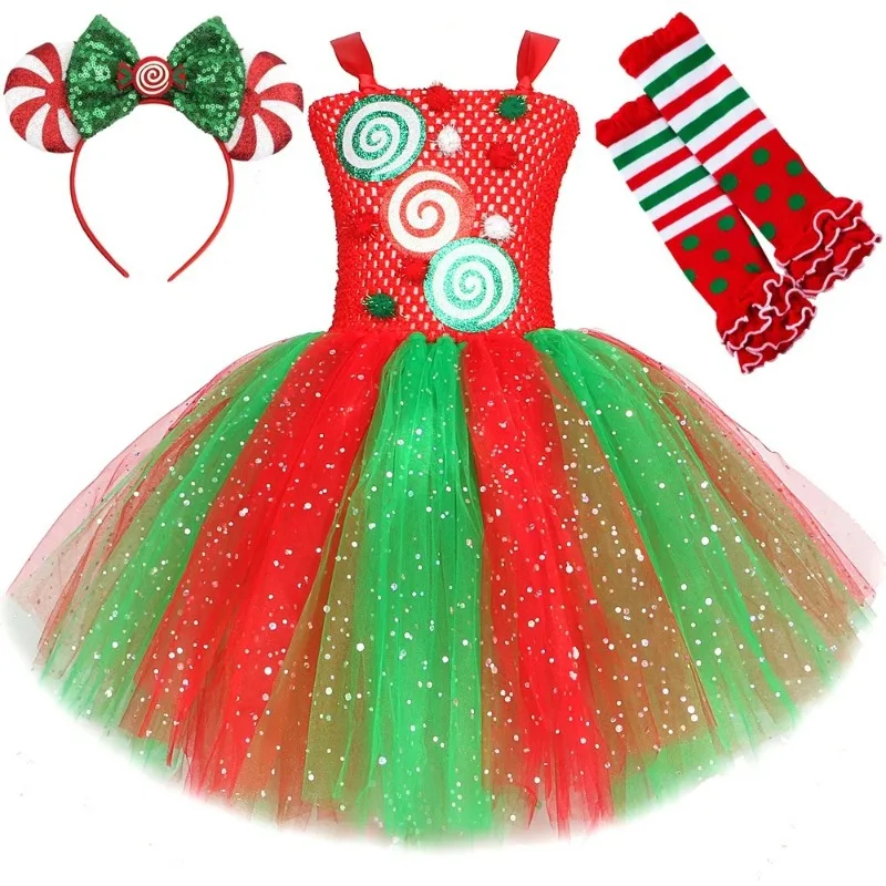 Girls' dress set with red and green sequin candy theme, kids' tulle sequin dress for Christmas parties and stage performances