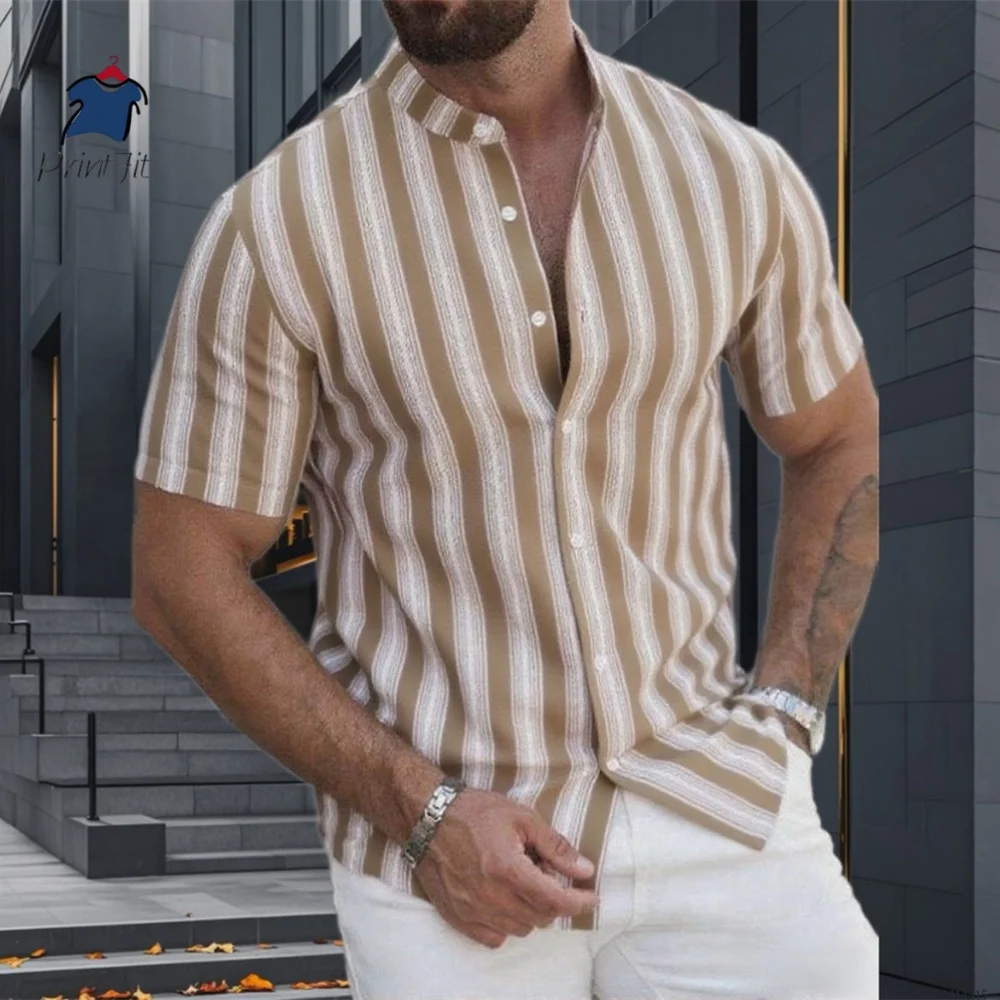 Men's Stand Collar Striped Casual Fashion Short Sleeve Shirt Texture Print Summer Hawaiian Vacation Tops S-6XL Men's clothing
