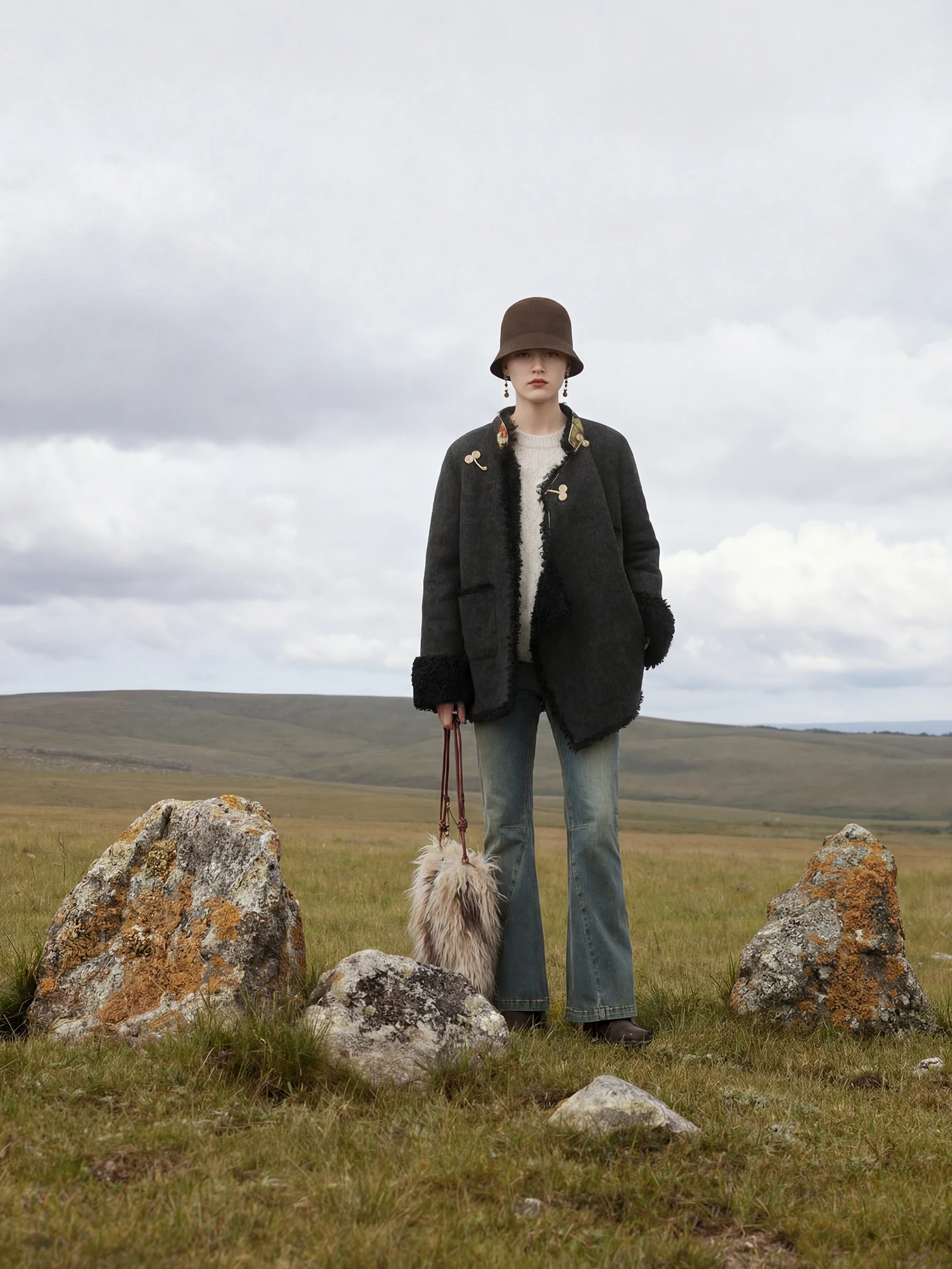 

Comfortable Soft Fce Lined Thi Tibetan Costume Jaet Wooden ain Texture Warm Classic Sle Women's Loose Fit Long Sve