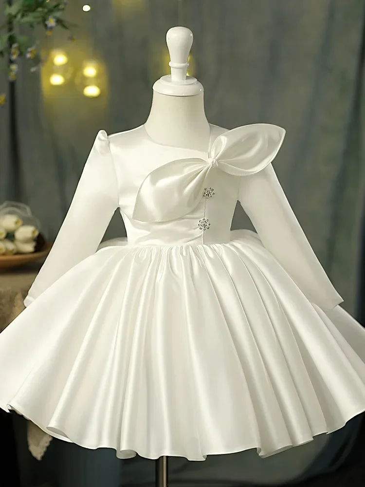 2023 White Christening Dress for Girl Bridesmaid Wedding Dresses for Girls Children Luxurious Satin Ball Gown for Quinceanera