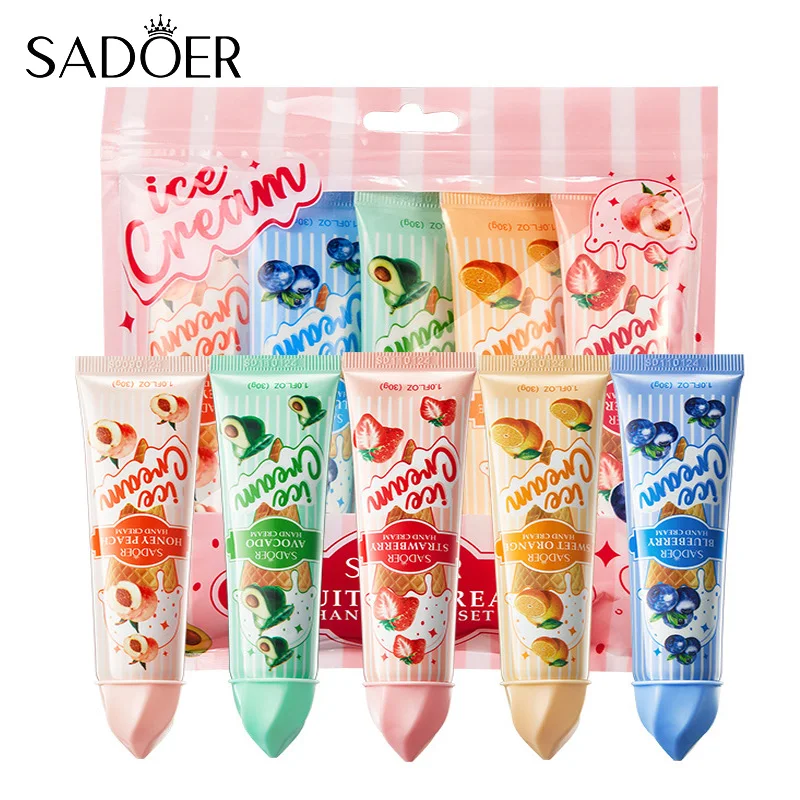 5pcs/set SADOER Fruit Ice Cream Hand Cream Moisturizing Nourishing Brightening Hydrating Hand Creams Hands Skin Care Products