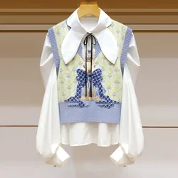 Hikigawa Chic Fashion Women 2 Set Sweet Preppy Style V Neck Bow Rabit Embroidery Knit Vest+Eelgant Vintage Solid Shirt Top Mujer