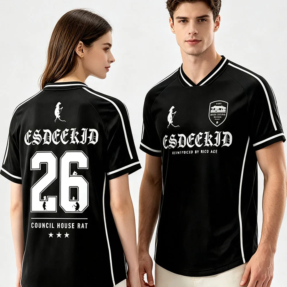 EsDeeKid COUNCIL HOUSE RAT Soccer Jersey V-neck Short Sleeve Summer Loose Football Tee Unisex Streetwear Design Print Shirt Tops