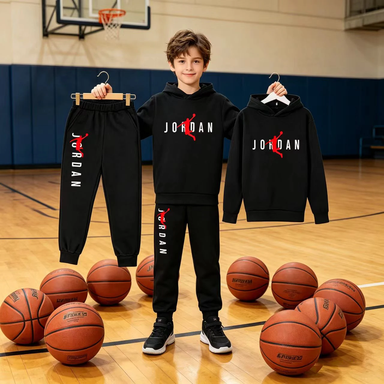 Conjunto Infantil de Moletom com Capuz e Calça para Meninos e Meninas, com Estampa de Letras de Basquete, 3-12 Anos, Roupa de Lazer e Esporte, Marca de Moda