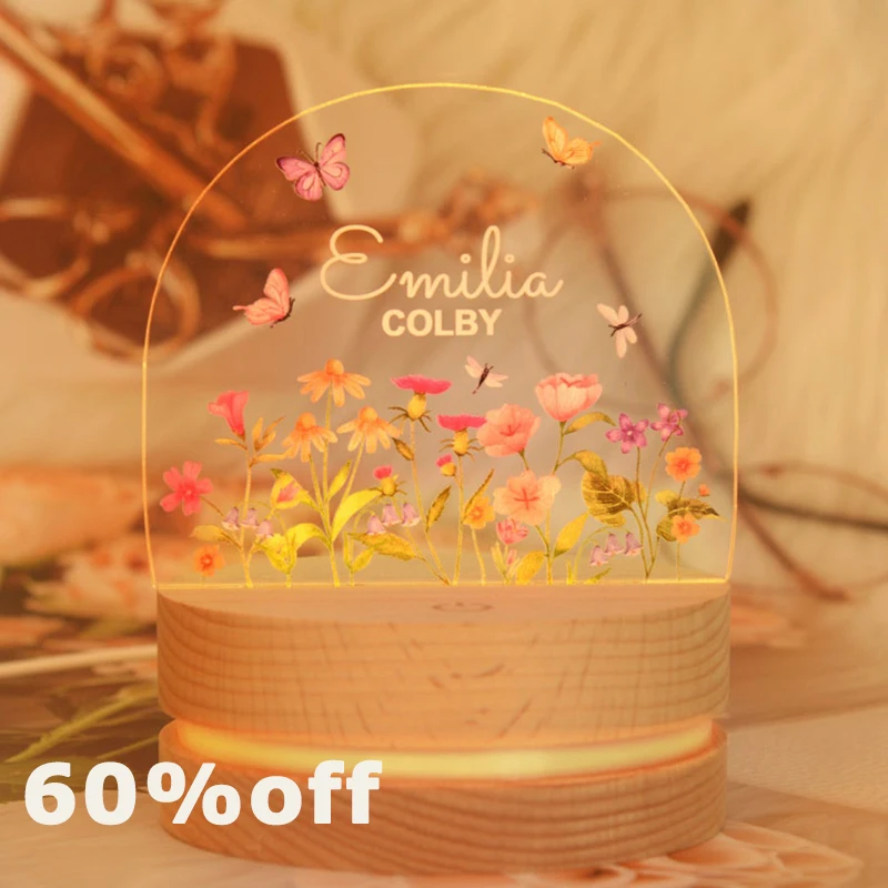 Custom Laser Engraved Summer Flowers Butterfly Night Lamp Personalized Name Romantic Mood Lamp Ornament Bedroom Decor For Kid