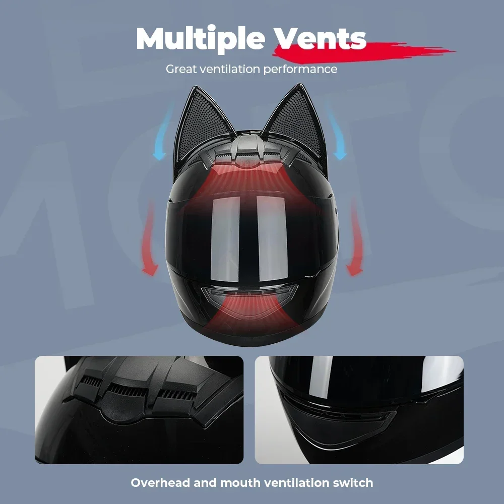 Capacete de moto com orelhas de gato, removível, aprovado pelo DOT, acessórios de moto para mulheres e homens, rosto completo, respirável