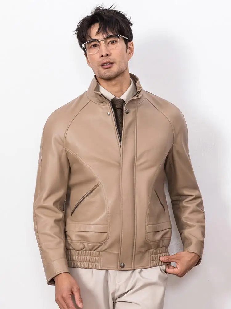 New Designer Men Natural Real Sheepskin Jacket Stand Collar Business Work Soft Genuine Leather Jacket Zip Casual Punk Style Coat